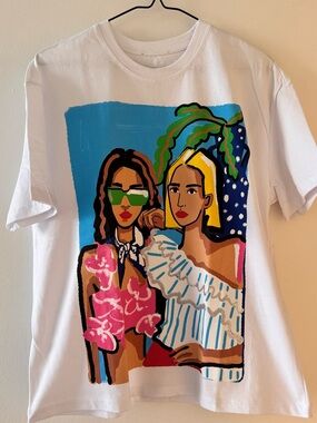 Zara White Tee with Pink, Blue & Green Tropical Graphic